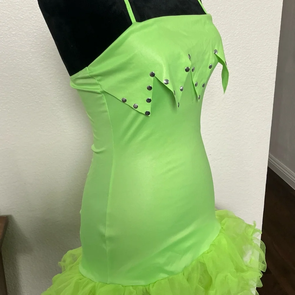 Green Fairy Sexy Tinkerbell Halloween Costume Tink Halter Dress Petticoat Studs - Picture 5 of 7